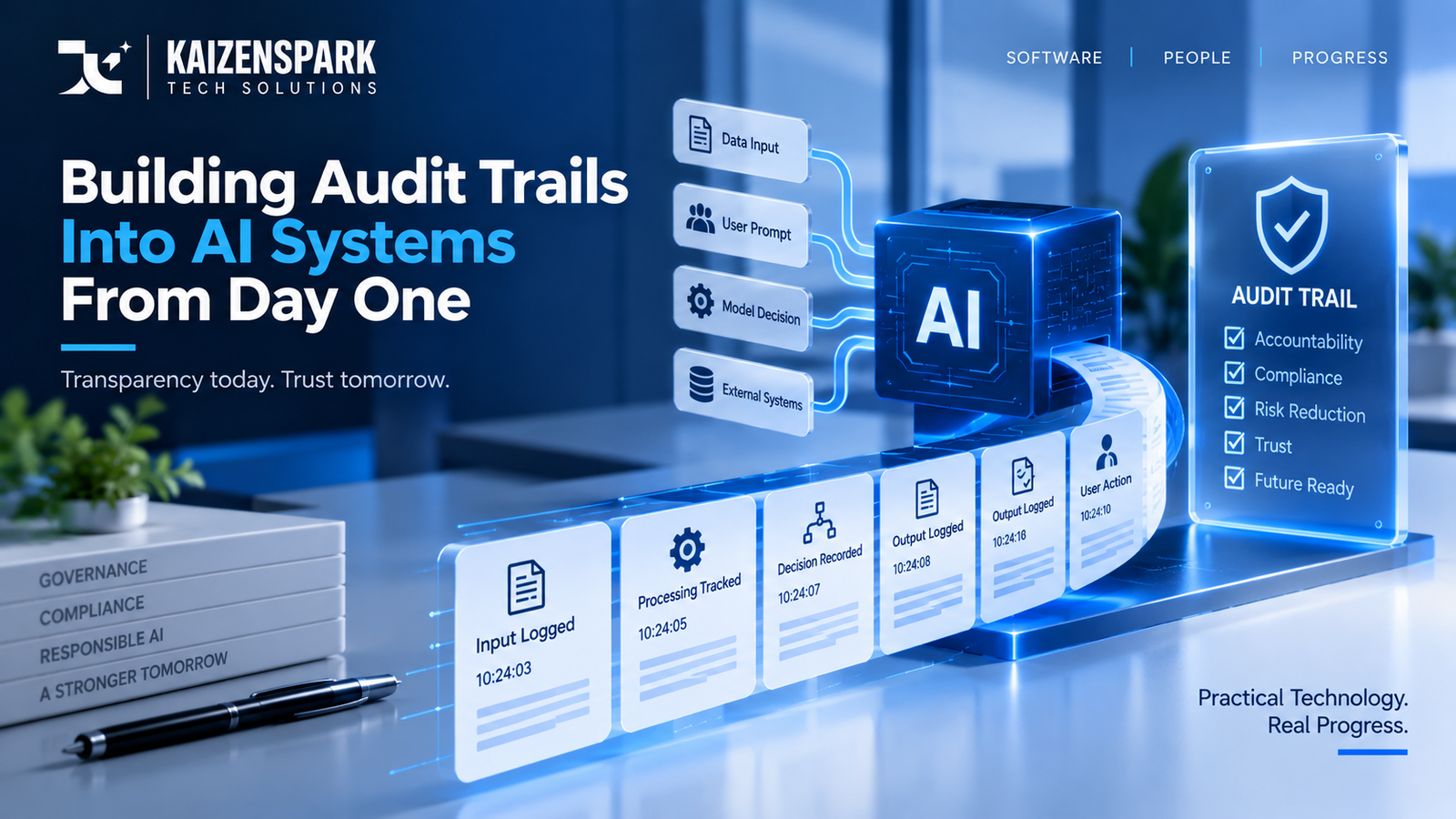 A single decision node in a flowchart with a small recording icon attached to it, capturing every input and output as it passes through, representing an audit trail built into an AI system's core path
