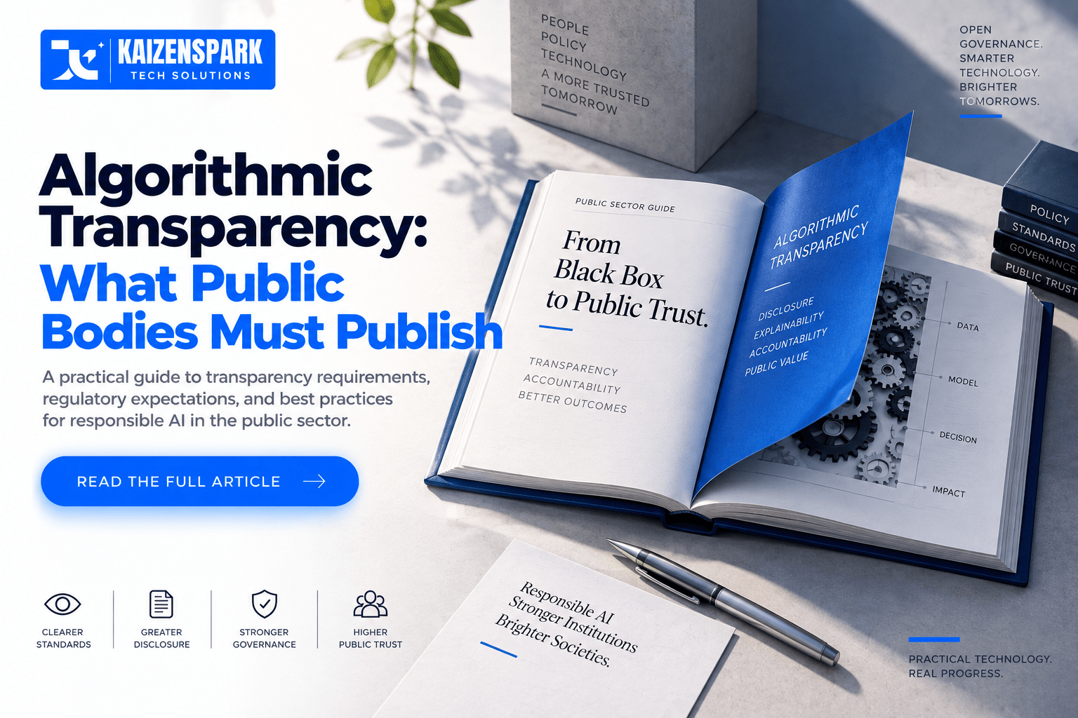 An open ledger book with one page lifted to reveal simple gears underneath, representing algorithmic transparency requirements for public bodies.