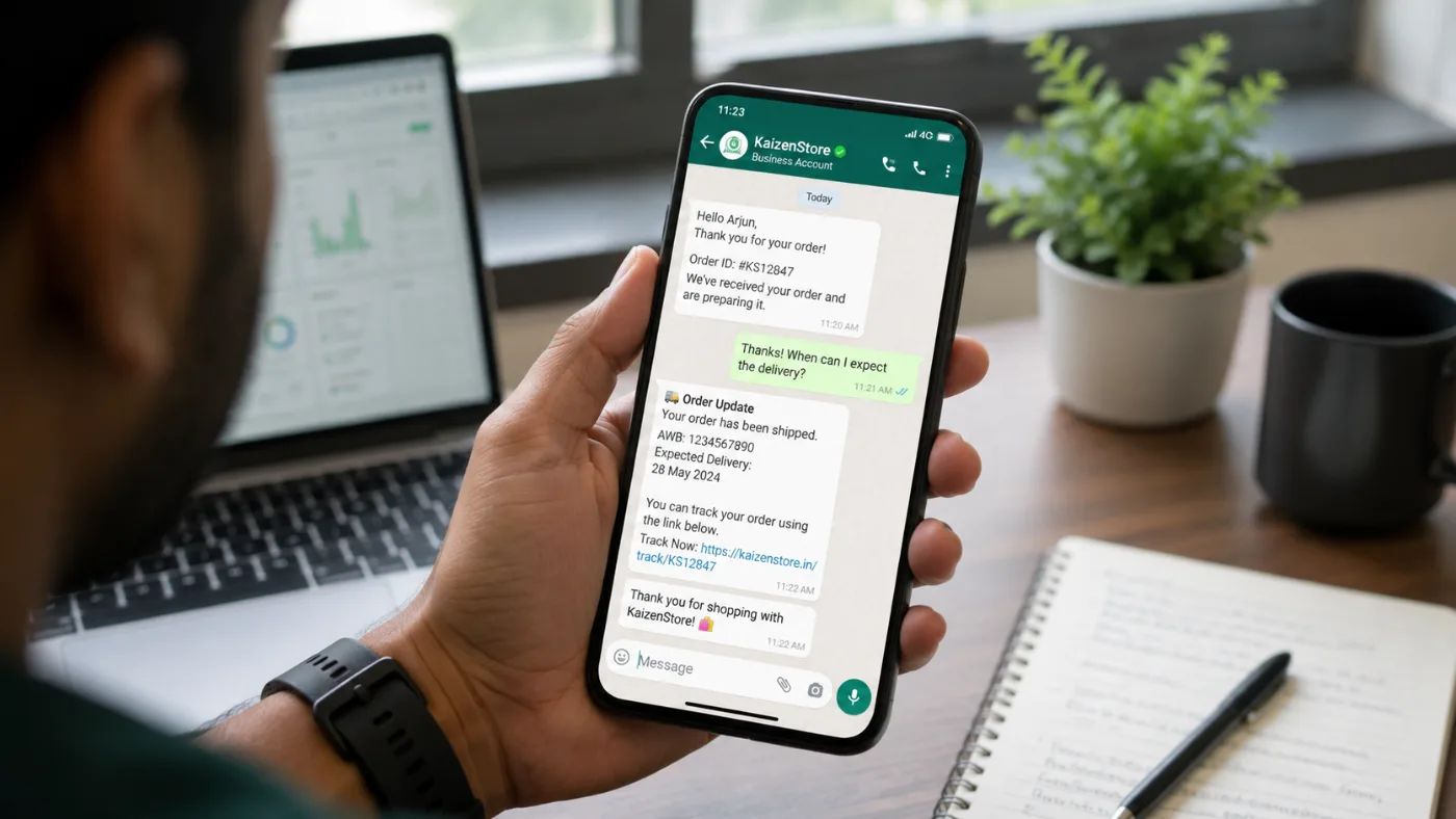 A phone held in one hand showing a WhatsApp business conversation with an order confirmation and a shipping update.