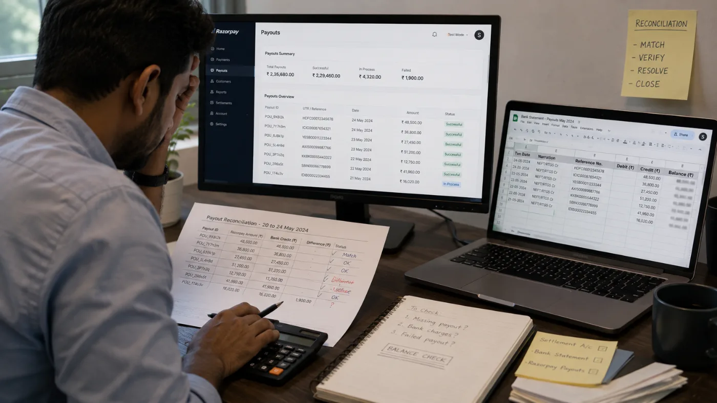 A finance desk with a payouts dashboard on the monitor, a bank statement on a laptop, a calculator and handwritten reconciliation notes.