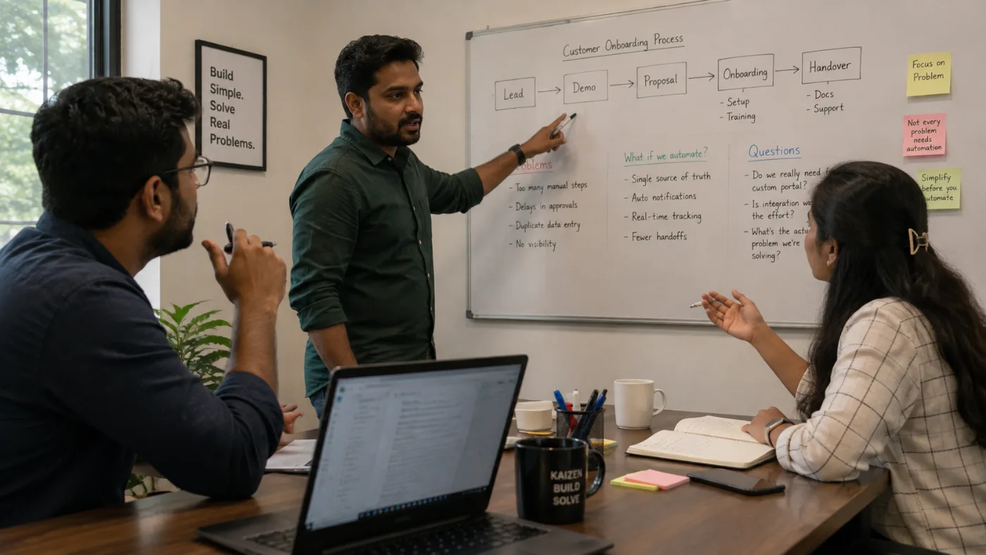 Three people at a whiteboard working through a customer onboarding process, with a sticky note reading not every problem needs automation.