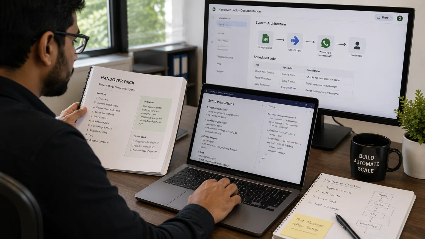 An engineer reading a printed handover pack beside a screen showing a system architecture diagram and a list of scheduled jobs.
