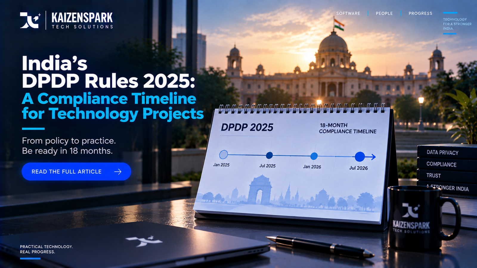A calendar with a highlighted eighteen-month span between two marked dates, representing the DPDP Rules phased compliance window.