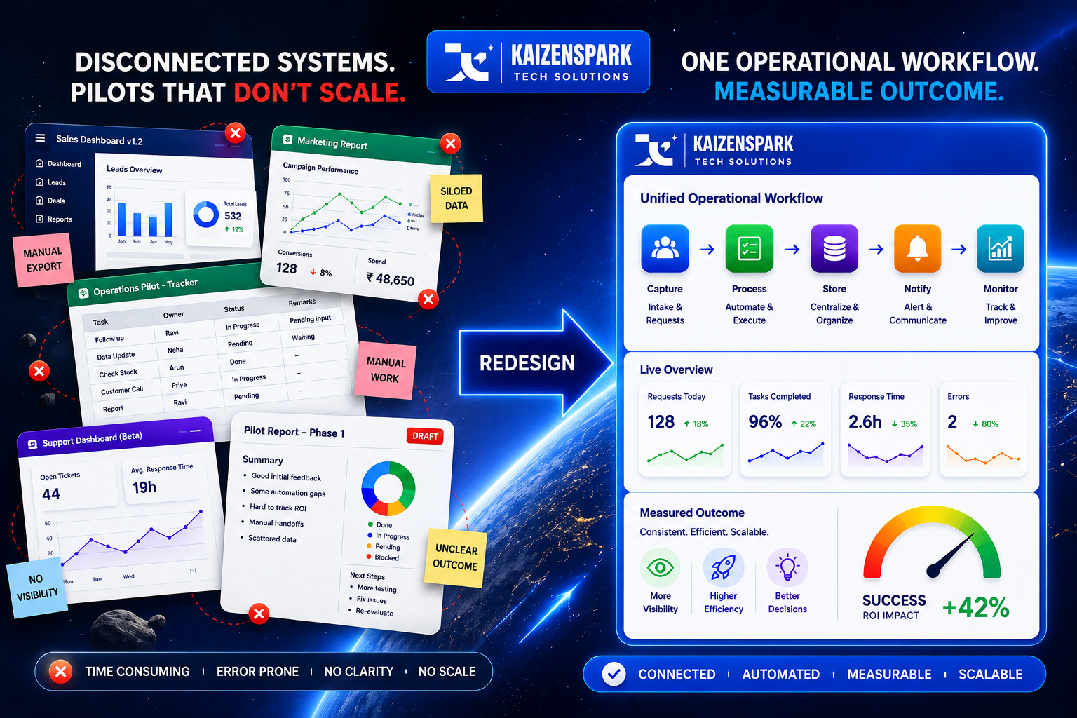 A split illustration: on the left, a stack of disconnected software dashboards and pilot reports; on the right, a single clean operational workflow with a measured outcome dial, connected by an arrow