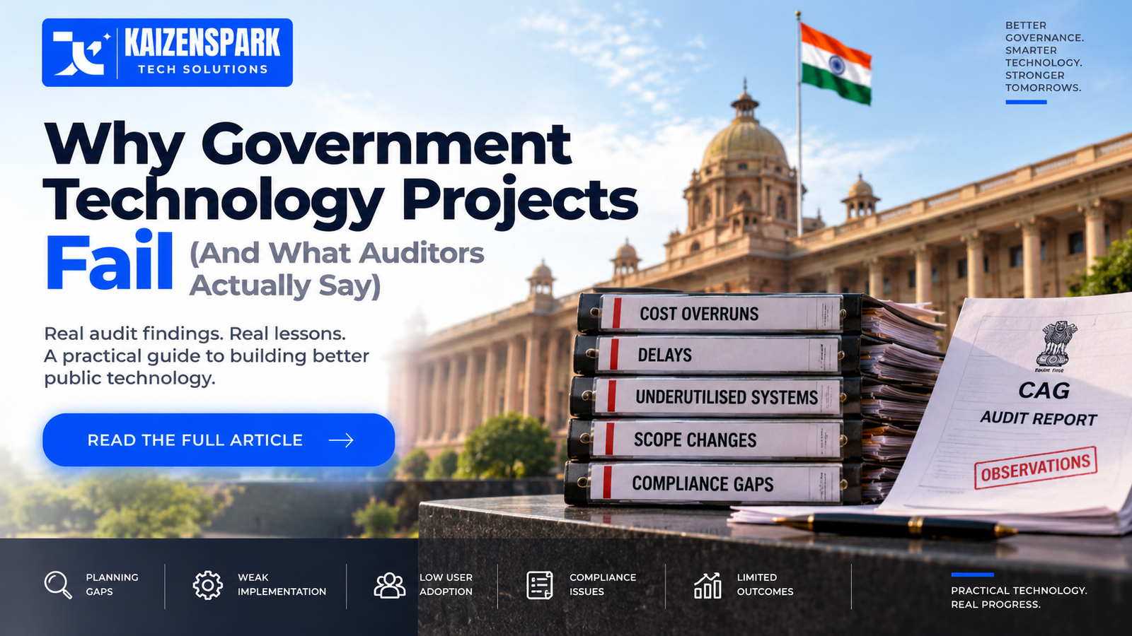 A single frayed thread running through several checkpoints, breaking just before the final one, representing where government technology projects tend to fail.
