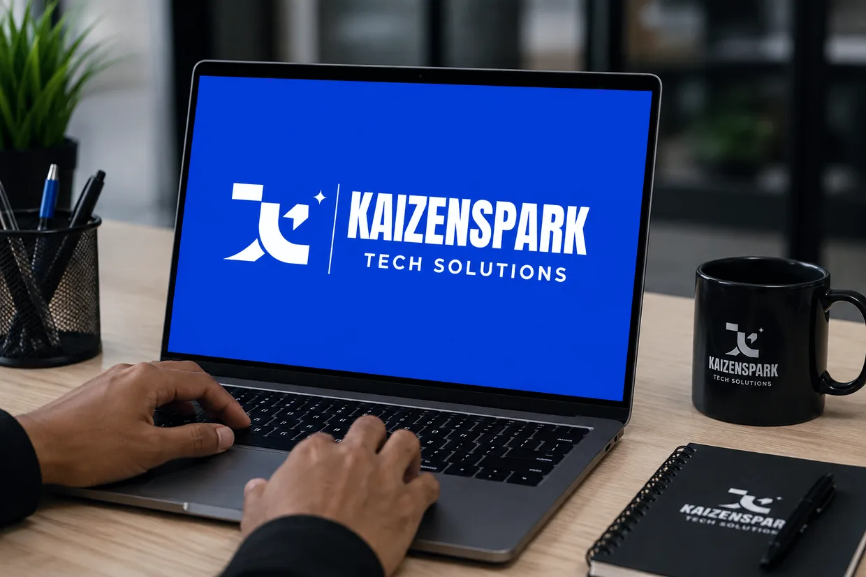 The KaizenSpark logo on a laptop screen with a branded mug alongside